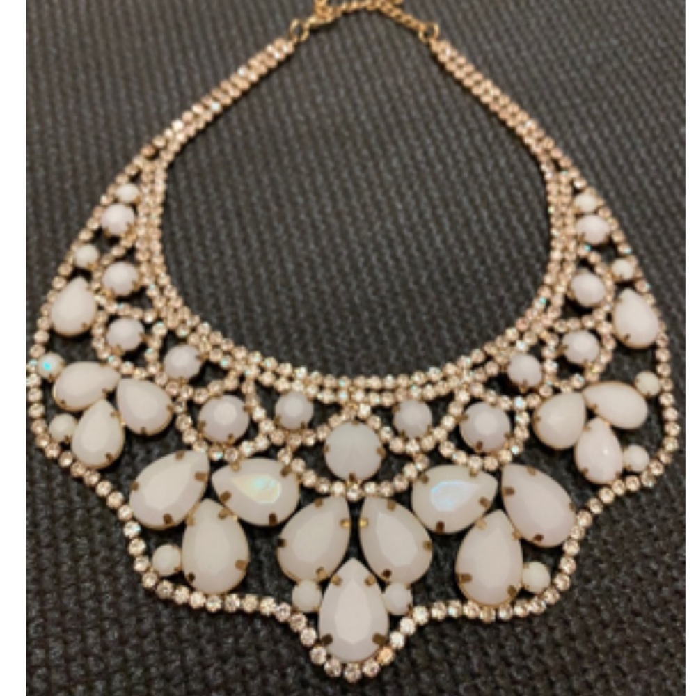Gold Tone With White Acrylic And Clear Rhinestone Bridal Necklace